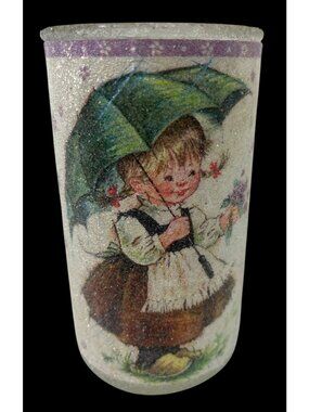 Vintage Glass Tumbler With Hummel-Style Child & Umbrella Design